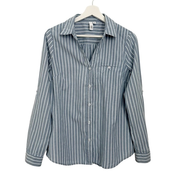 Kut From The Kloth Blue Stripe Button Up Roll Tab Sleeve Blouse - Picture 3 of 9